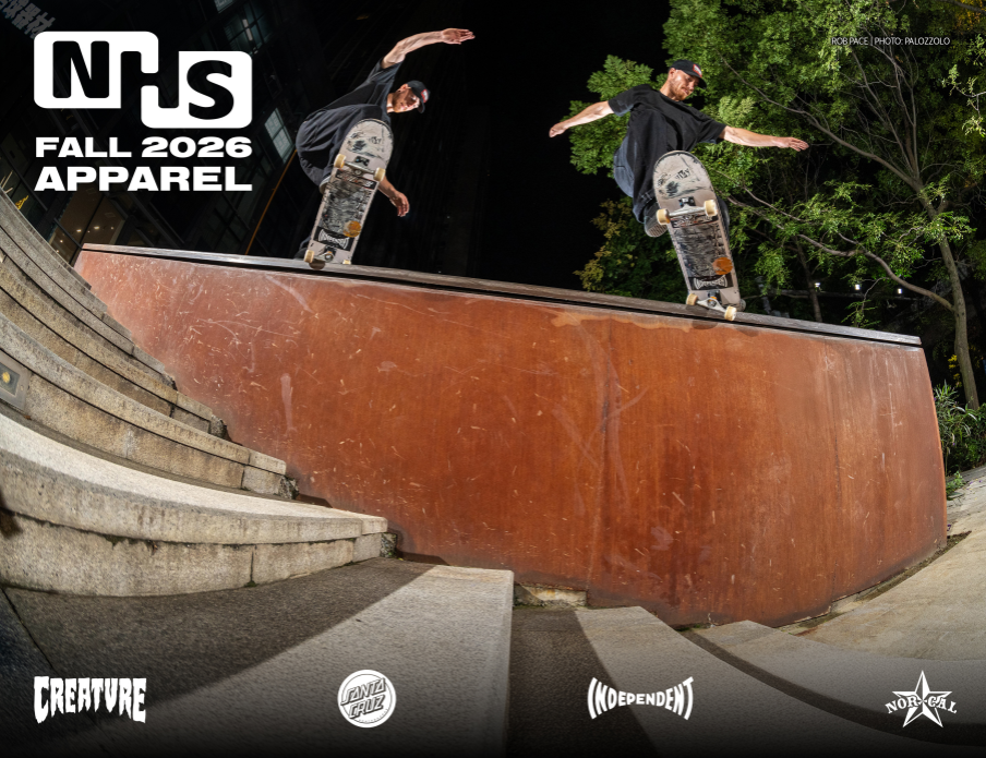 NHS Fall 2026 apparel campaign with skaters riding a ramp