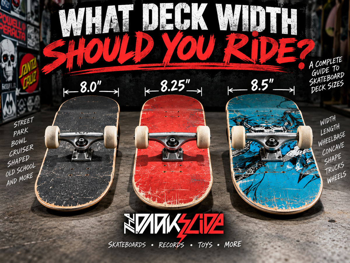 Skateboard deck width guide comparing 8.0, 8.25, and 8.5 inch skateboard decks