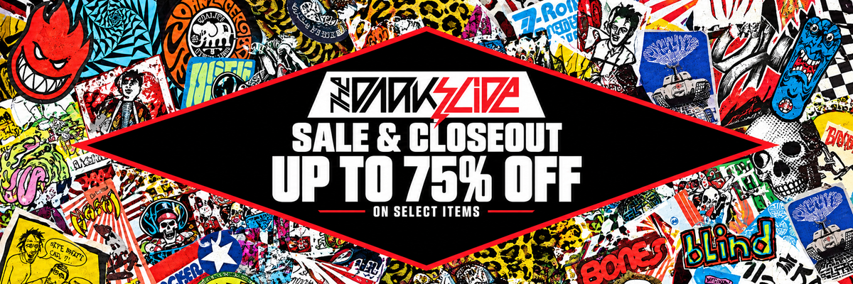 The Dark Slide sale and closeout: up to 75% off select items, with a colorful skate sticker collage.