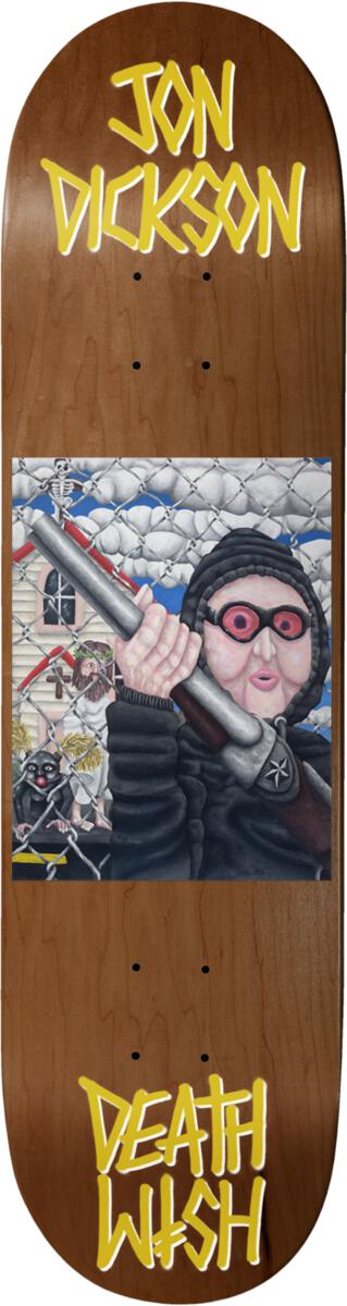 A skateboard deck with a graphic print of a person holding a camera on it, with the DEATHWISH and Jon Dickson branding.