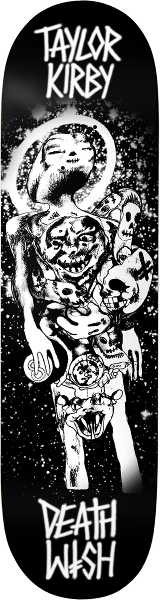 Deathwish Kirby Ascending 8.25" Skateboard Deck featuring a black and white illustration of a character on a skateboard with the brand name 'Deathwish' and the text 'Taylor Kirby'.