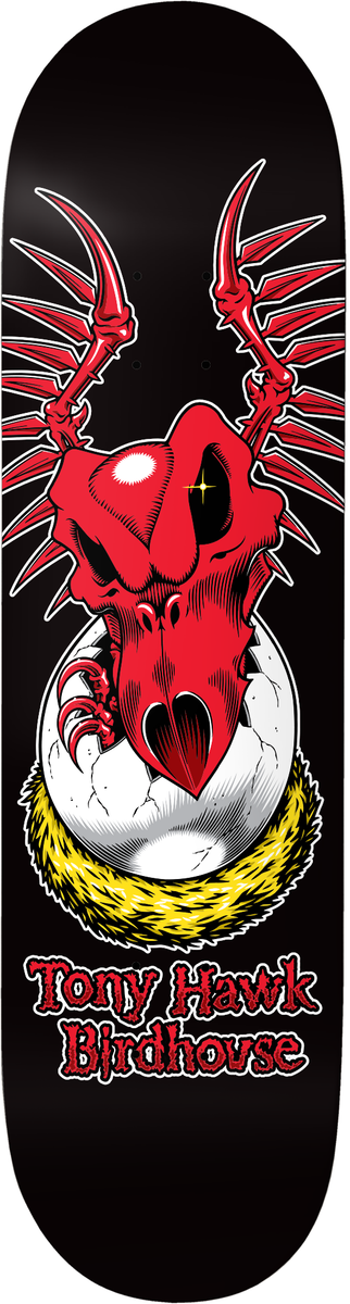 Tony Hawk Birdhouse Falcon Egg Skateboard Deck featuring a graphic of a red bird with spread wings on a black background.