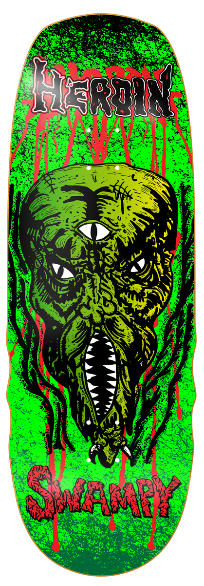 Skateboard deck with a green monster design and red text on a green background