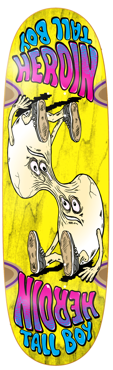 Heroin "Merged Tall Boy" 10.25" Skateboard Deck with a cartoon character design on a yellow background