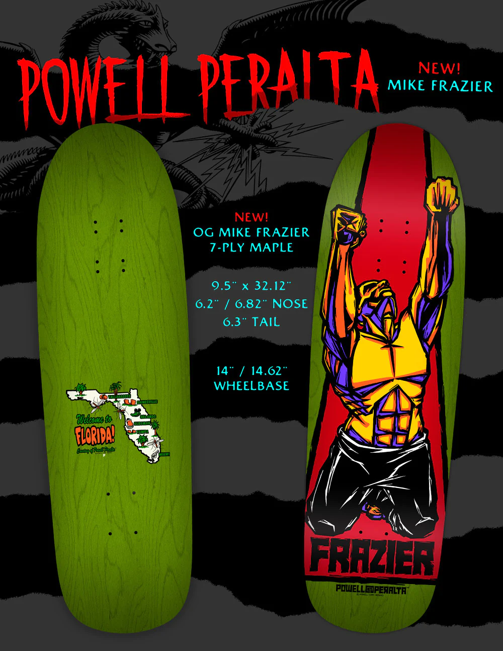 Powell Peralta Mike Fraizer Yellow Man 9.5" Green Stain Skateboard Deck