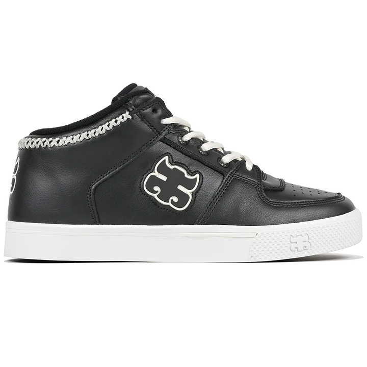 Side view of the iPath Reed Mid black soft leather shoe with cream laces, contrast collar stitching and a white sole.