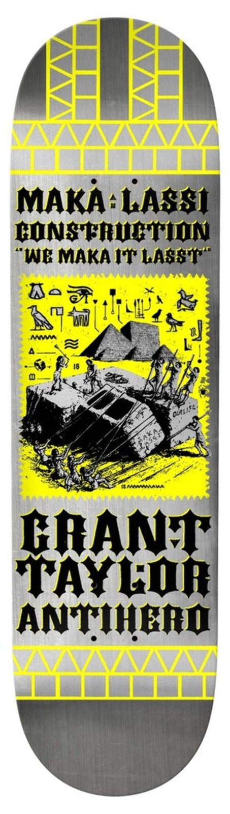 Anti-Hero Grant Makalassi DBX 8.50-inch Skateboard Deck featuring yellow construction artwork on grey wood