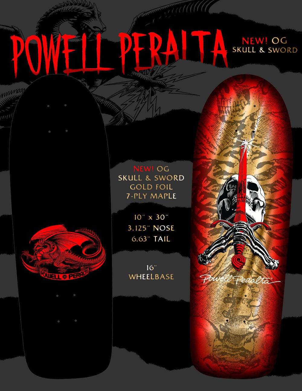 Powell Peralta OG Skull and Sword Gold Foil 10" Skateboard Deck