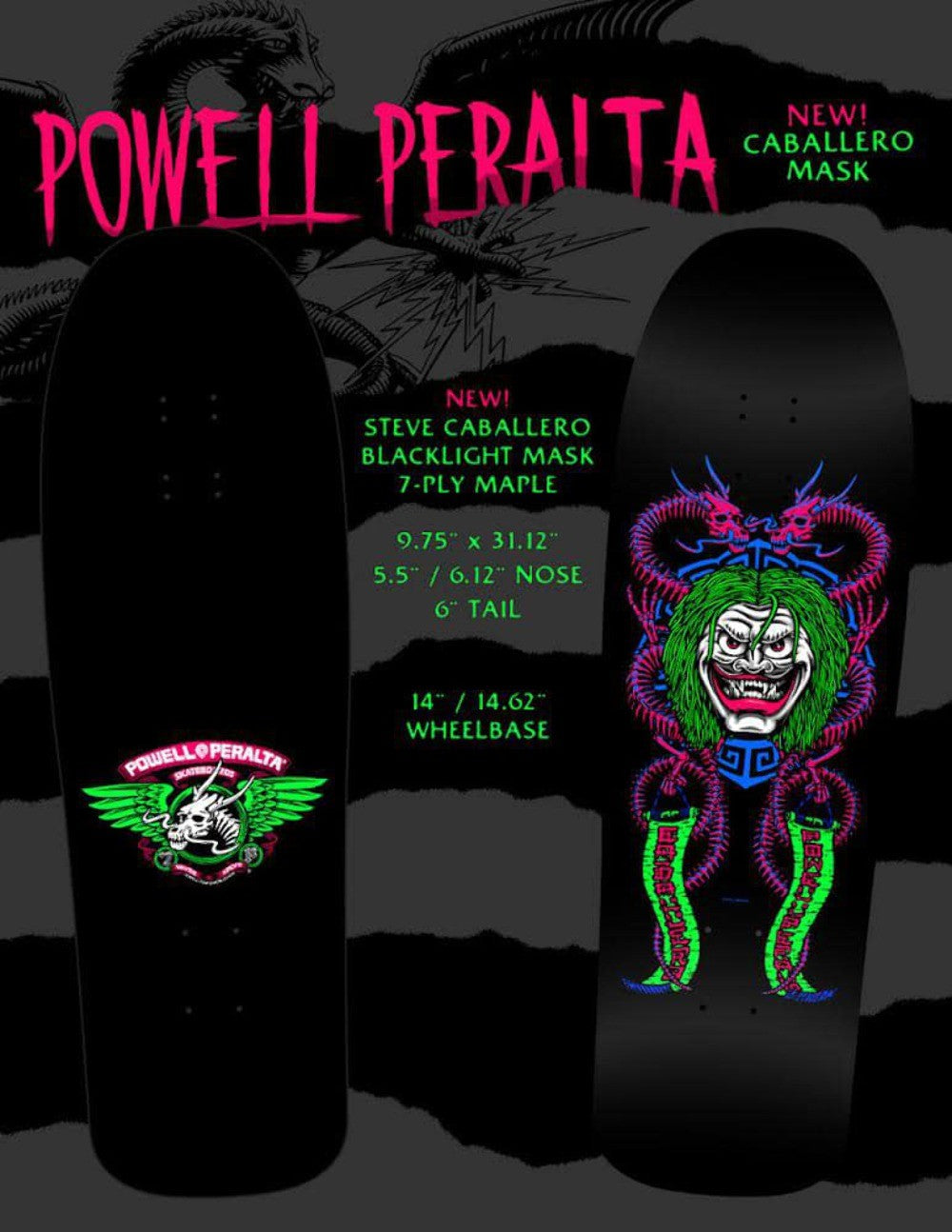 Powell Peralta Caballero Blacklight Mask 9.75" Skateboard Deck