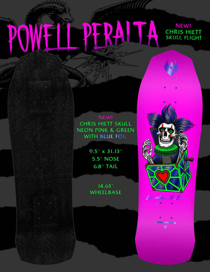 Powell Peralta Chris Hiett Skull Pink & Green w/ Blue Foil 9.5" Flight Skateboar