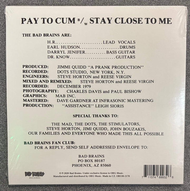 Bad Brains - Pay To Cum Vinyl 7" Record