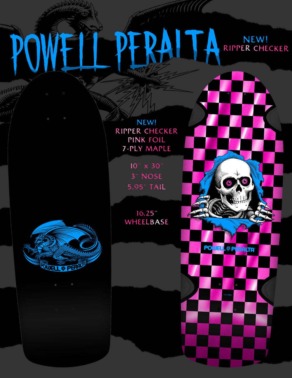 POWELL PERALTA "OG RIPPER" CHECKERED PINK FOIL 10" SKATEBOARD DECK