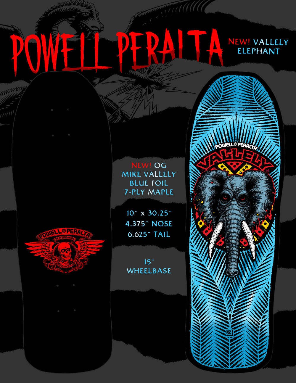 Powell Peralta Mike Vallely Elephant Blue Foil Skateboard Deck