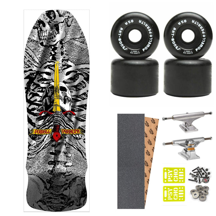 POWELL PERALTA "SKULL & SWORD" SILVER FOIL 9.75" COMPLETE SKATEBOARD