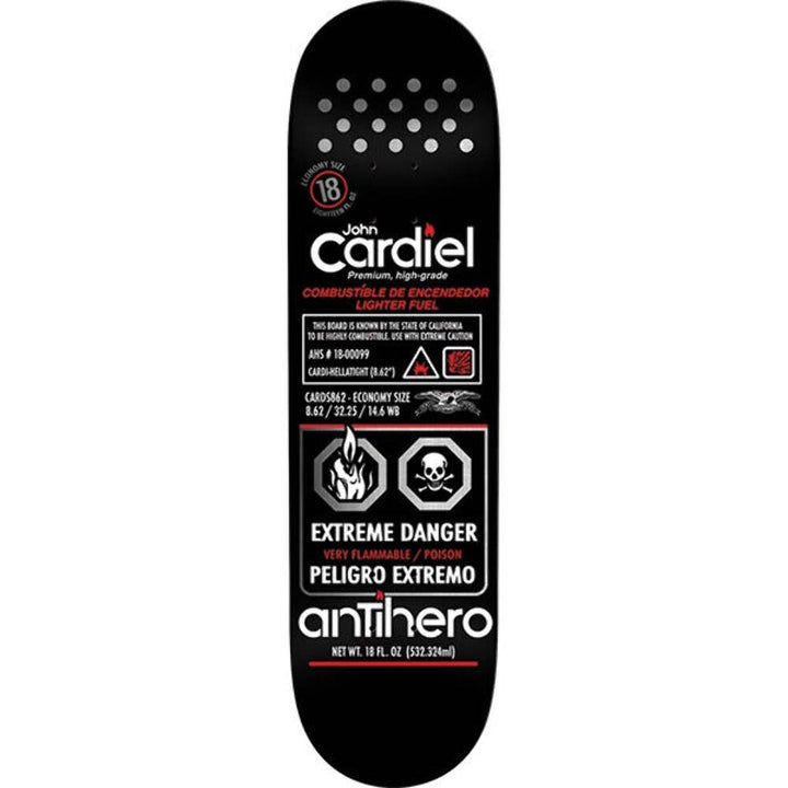 Anti-Hero Cardiel Fueled Up 8.62-inch Skateboard Deck featuring black, red and white fuel-label artwork