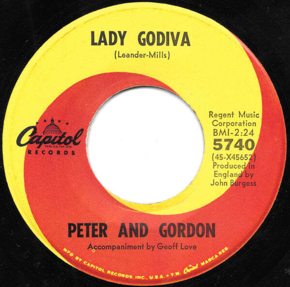 Peter And Gordon – Lady Godiva / Morning's Calling Vinyl 7" Record *Used 1966 Re