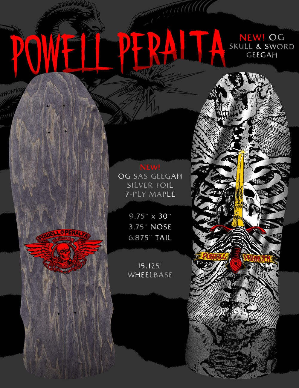 POWELL PERALTA "SKULL & SWORD" SILVER FOIL 9.75" COMPLETE SKATEBOARD