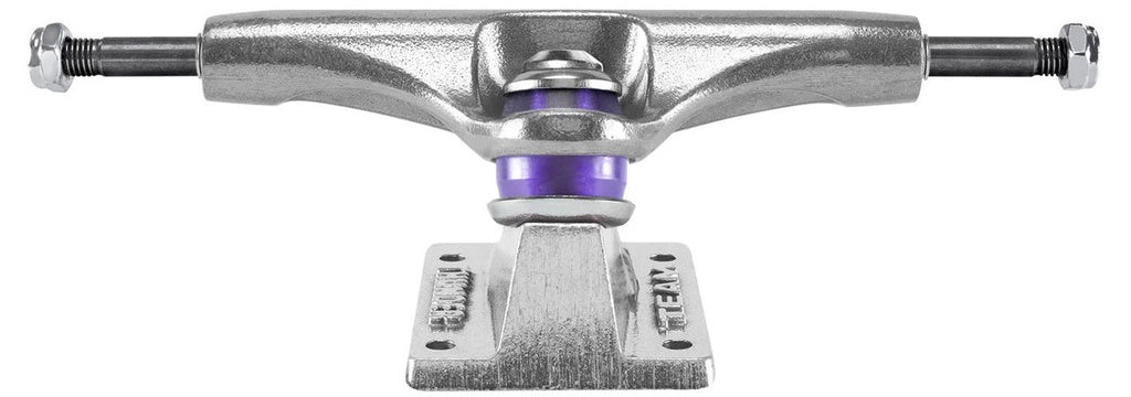 Skateboard truck with purple center on a white background