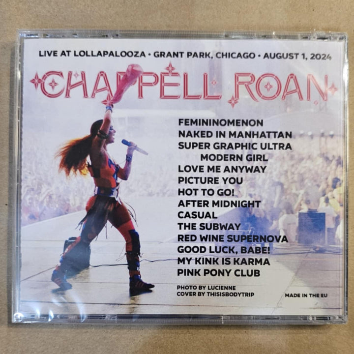 CD cover with a person holding a microphone on a beige background