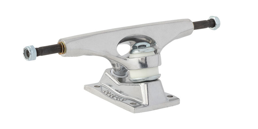 Skateboard truck with chrome finish on a white background