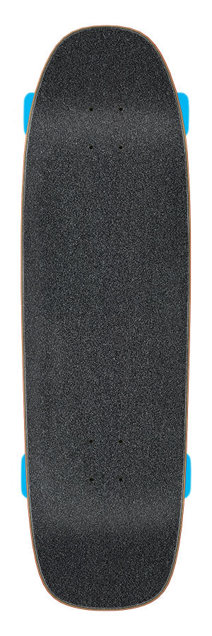 Black skateboard deck with blue trucks on a white background