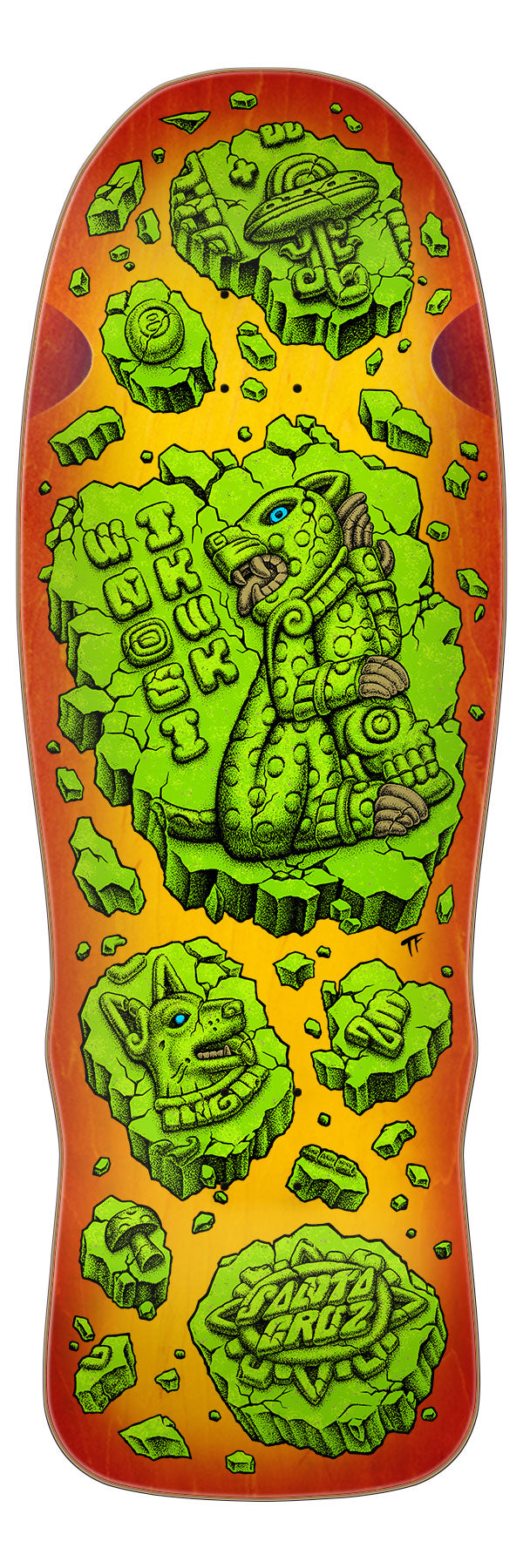 Santa Cruz Erick Winkowski 8Ballr shaped skateboard deck with a graphic design featuring a green and orange color scheme and what appears to be a stylized representation of a Jaguar.