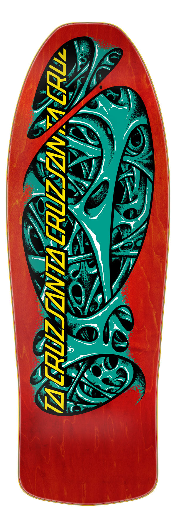 Santa Cruz Oops Mucus Skateboard Deck featuring a red background with green and black mucus-like graphics and text.