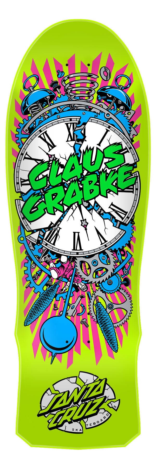 Santa Cruz Claus Grabke Exploding Clock skateboard deck with yellow background and colorful, intricate graphics featuring the Claus Grabke character design.