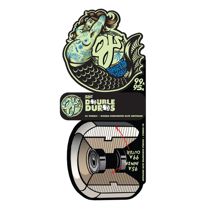 OJ RUSSELL SEXY MERMAID DOUBLE DURO MINI COMBO WHITE 56mm 99a/95a SKATEBOARD WHEELS