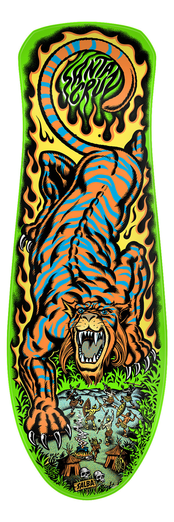Santa Cruz Salba Tiger Skateboard Deck featuring a tiger graphic on a neon green background.