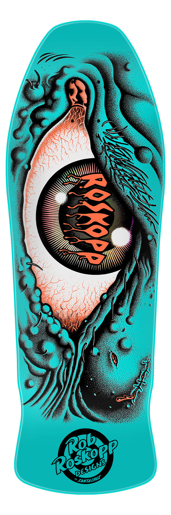 Santa Cruz Rob Roskopp 'Eye' skateboard deck with a turquoise background and a graphic of an eye, along with the Santa Cruz logo.