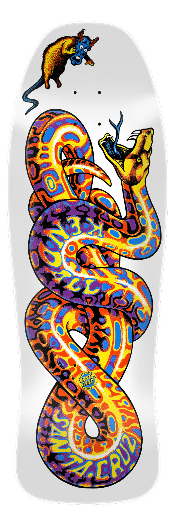 Santa Cruz Kendall 'Snake' white skateboard deck with a multicolored snake design.