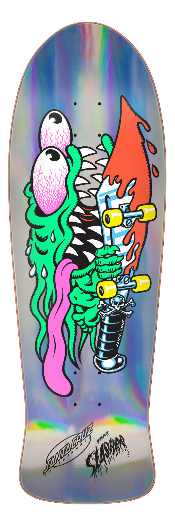 Santa Cruz Slasher Silver Foil Skateboard Deck featuring a colorful graphic design on a silver background with a skateboard deck logo.