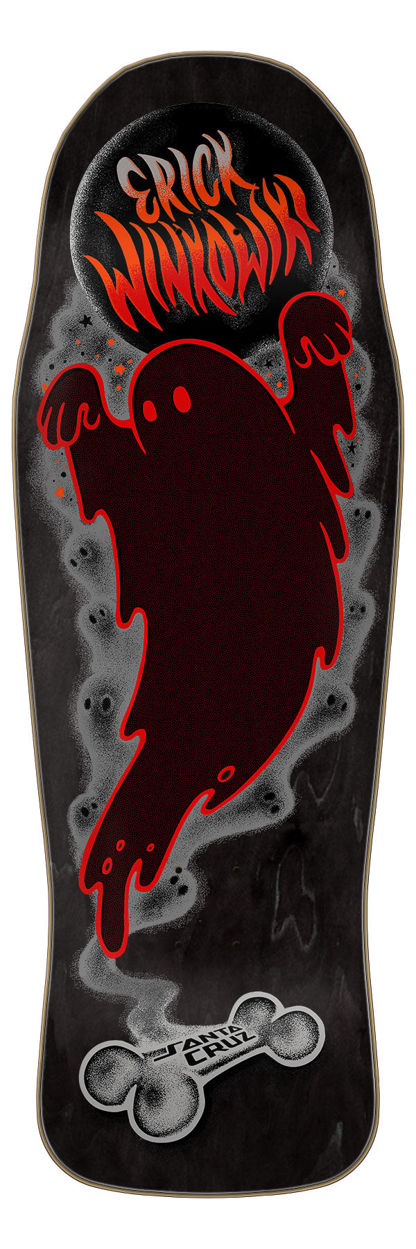 Winkowski Ghost Skateboard deck with red ghost design and text on a black background