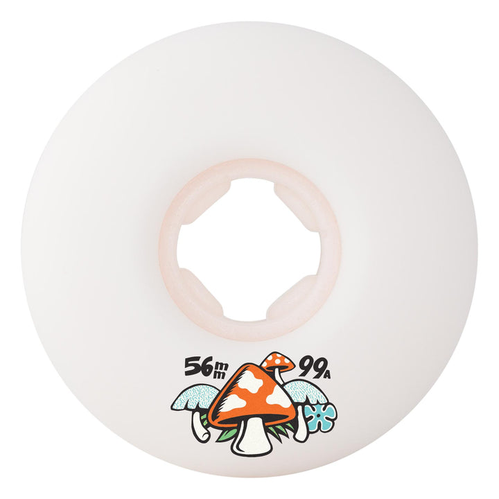Skateboard wheel with mushroom design and text on a white background