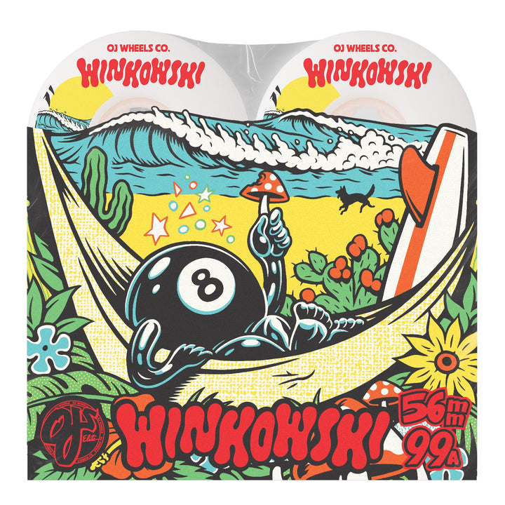 Winkowski skateboard Wheels with a design of a skeleton in a hammock, surrounded by nature elements and text.