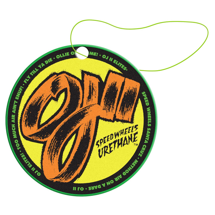 Round air freshener with 'OJ' branding on a white background