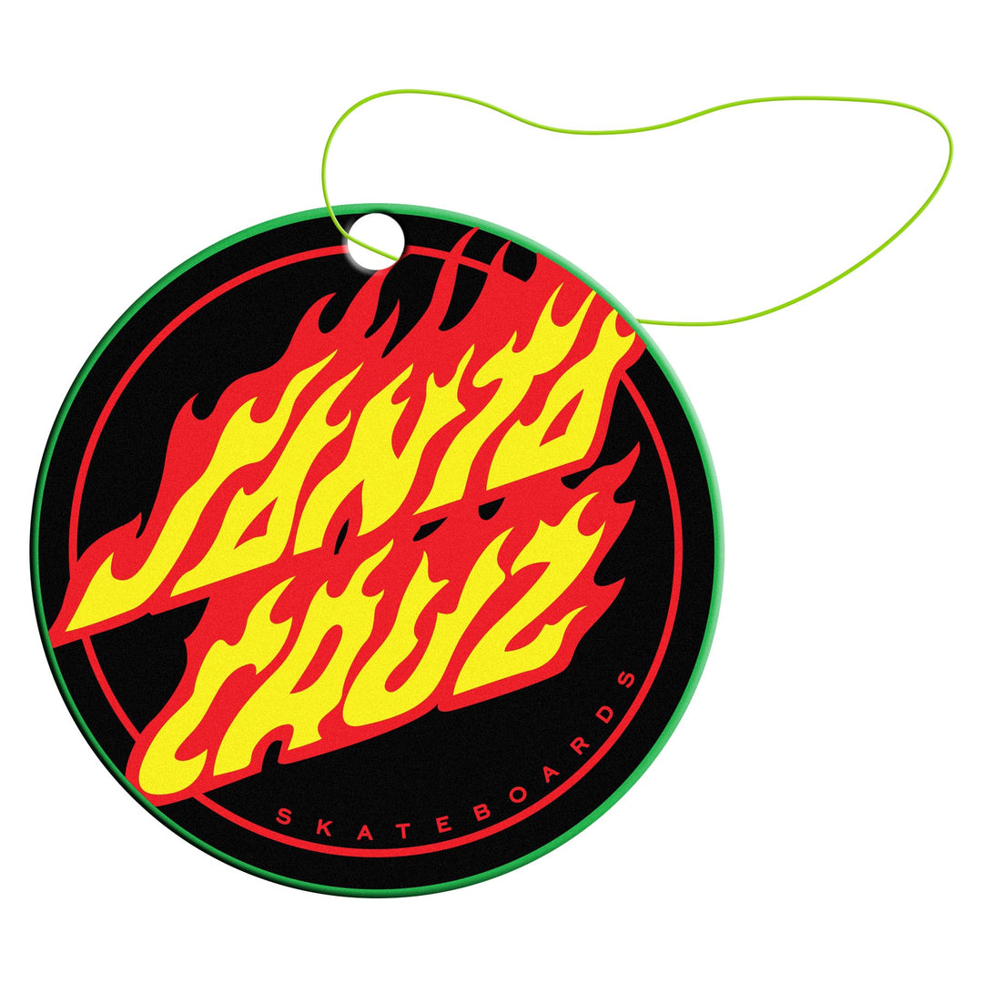 Round air freshener with flames and text on a white background