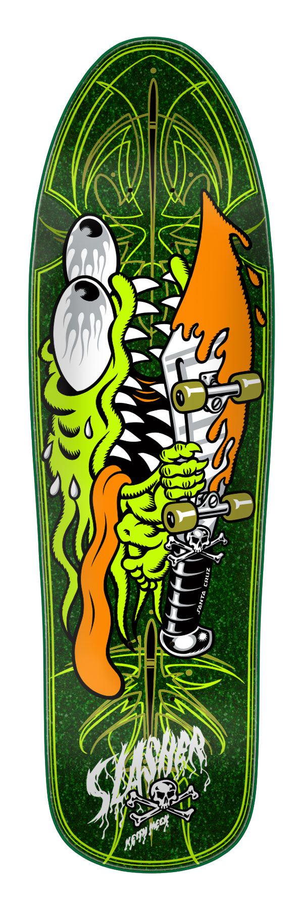Santa Cruz Meek Pinstripe Slasher skateboard deck featuring green background with neon graphics and text, and black details.
