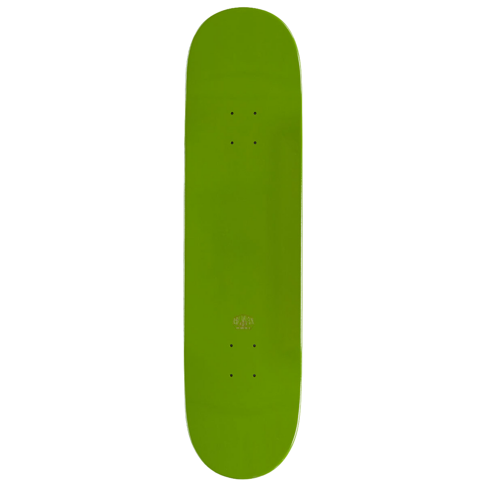 Top view of Alien Workshop Joey Guevara Visitor Gold 8.25-inch Skateboard Deck with green wood veneer