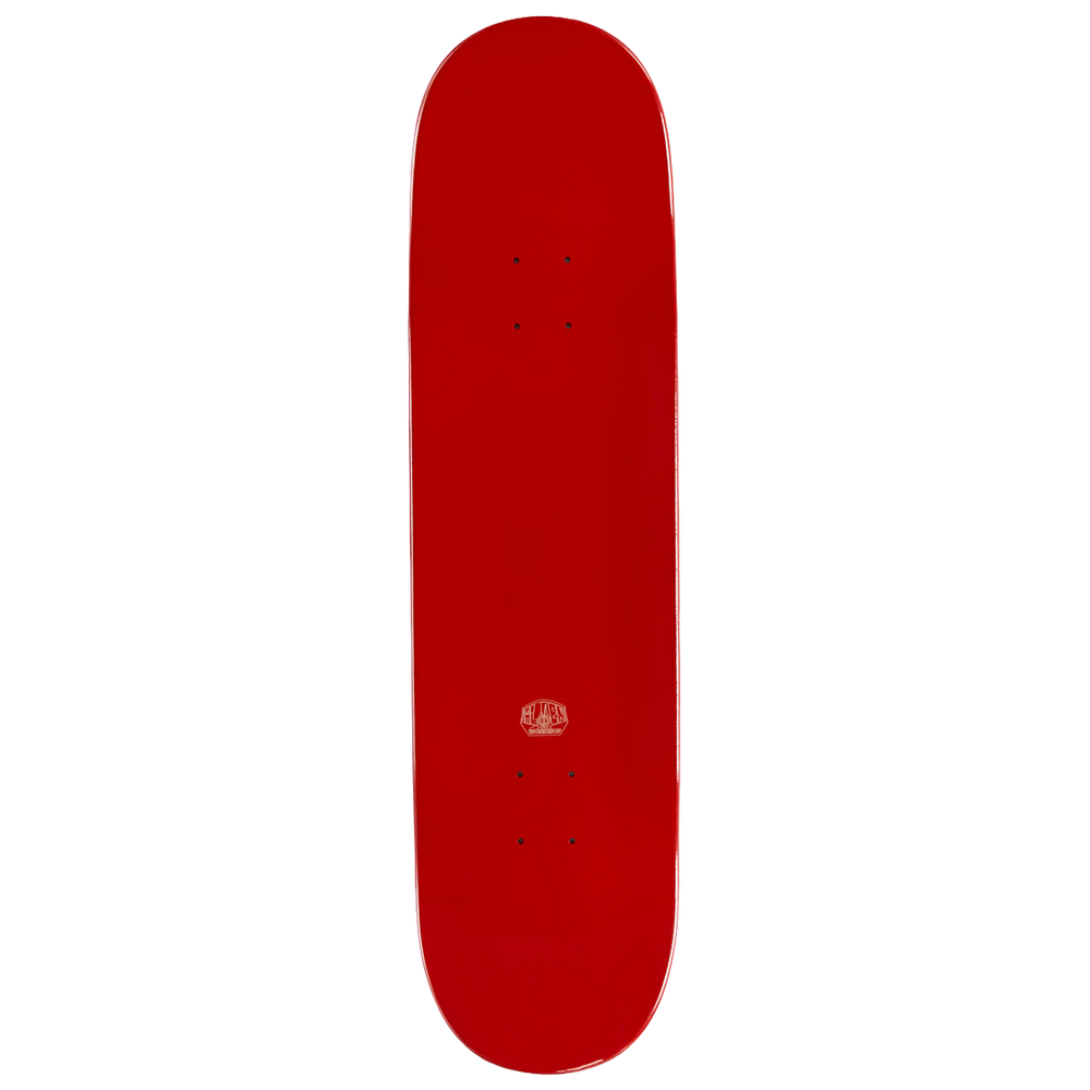 Top view of Alien Workshop Joey O'Brien Visitor Gold 8.5-inch Skateboard Deck with red wood veneer
