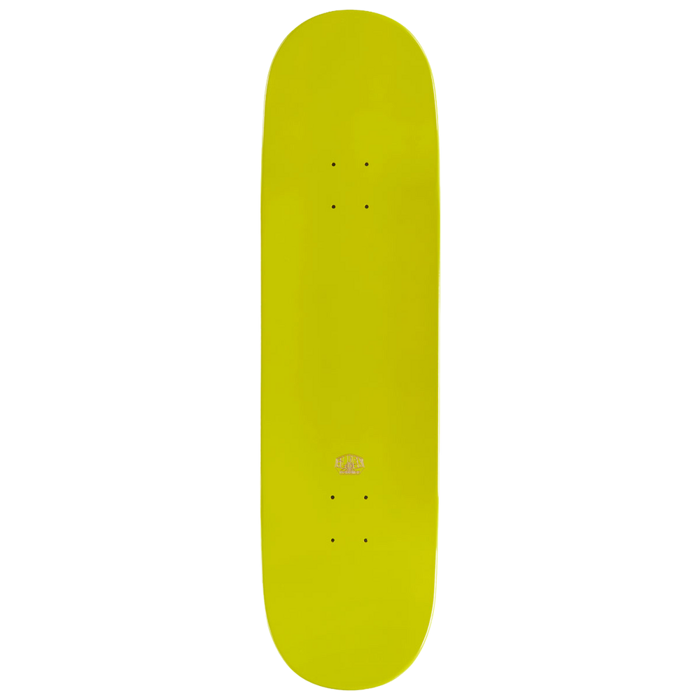 Top view of Alien Workshop Yaje Popson Visitor Gold 8.75-inch Skateboard Deck with yellow wood veneer