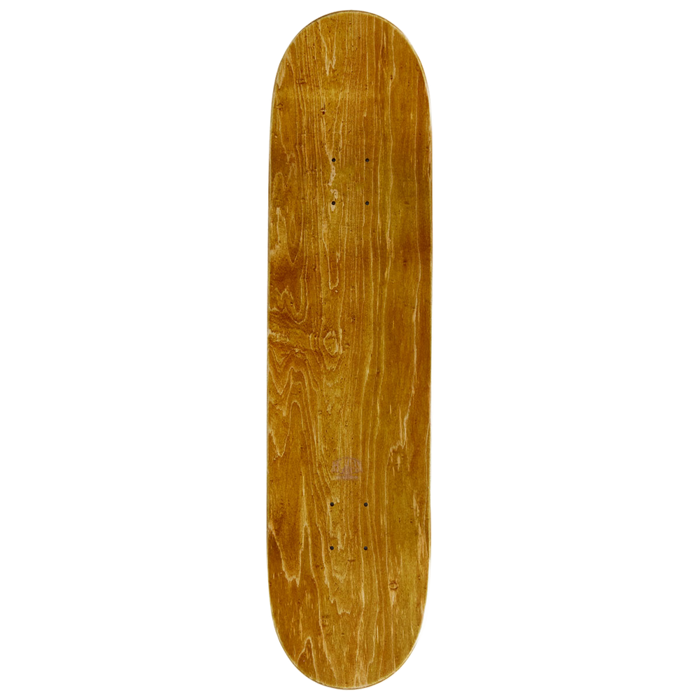 Top view of Alien Workshop Believe Pattern 8.125-inch Skateboard Deck with gold wood veneer