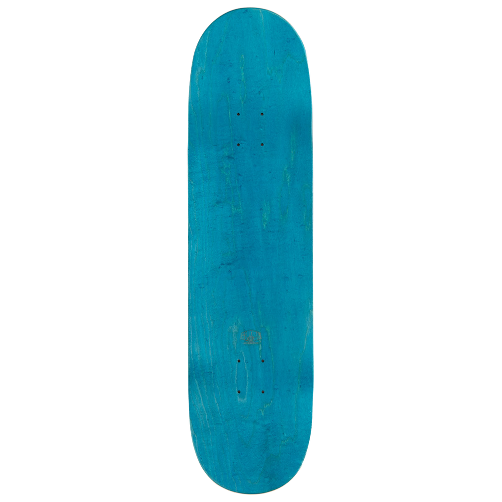 Top view of Alien Workshop Believe Pattern 8.625-inch Grey Skateboard Deck with blue wood veneer