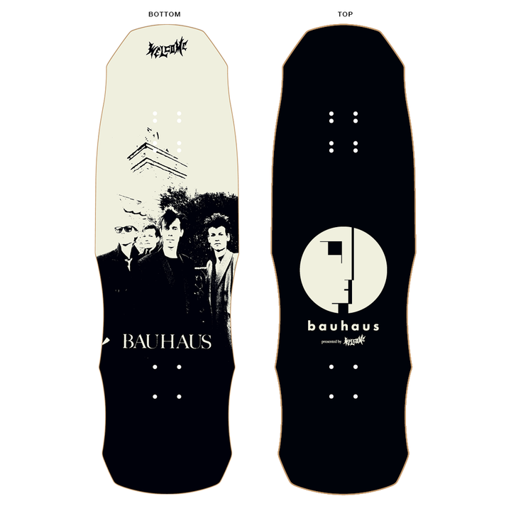 A 9.75 inch skateboard deck featuring a black and white design with the text 'BAUHAUS' and the number '9.75'.