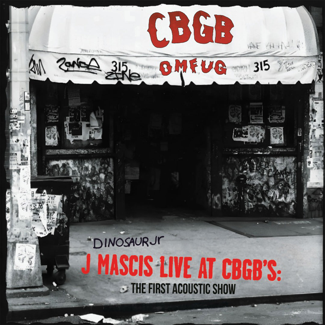 J Mascis album cover Black and white photo of CBGB's with red text overlay