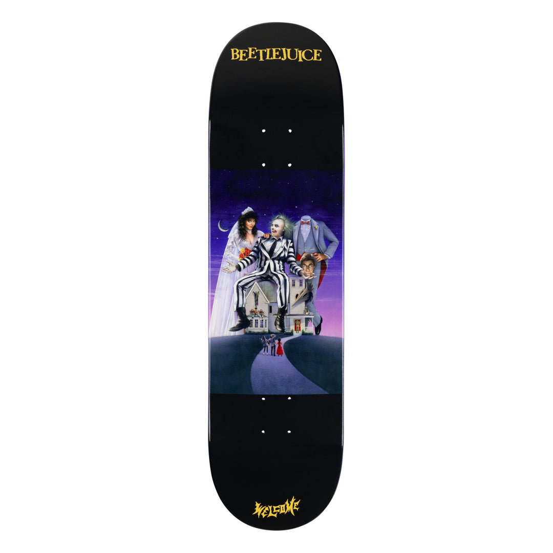 A skateboard deck featuring a graphic design with the title 'BEETLEJUICE' at the top, depicting a scene with multiple characters in a purple background.