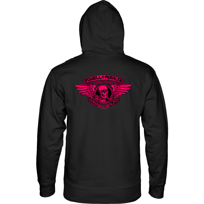 Powell Peralta Winged Ripper Blacklight Pink Black hoodie with a red Powell Peralta logo on the back against a white background