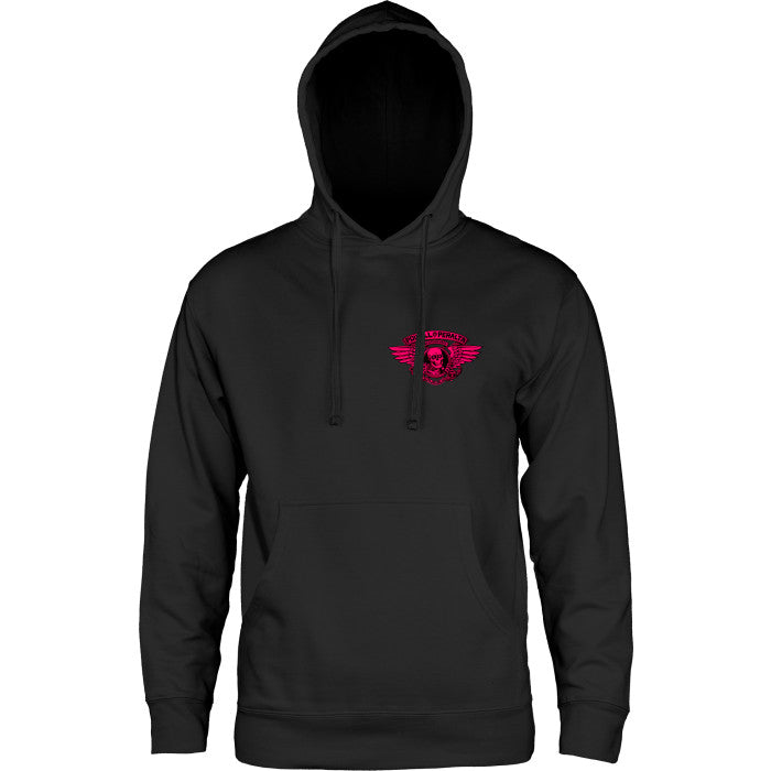 Powell Peralta Winged Ripper Blacklight Pink Black hoodie with a red logo on a white background
