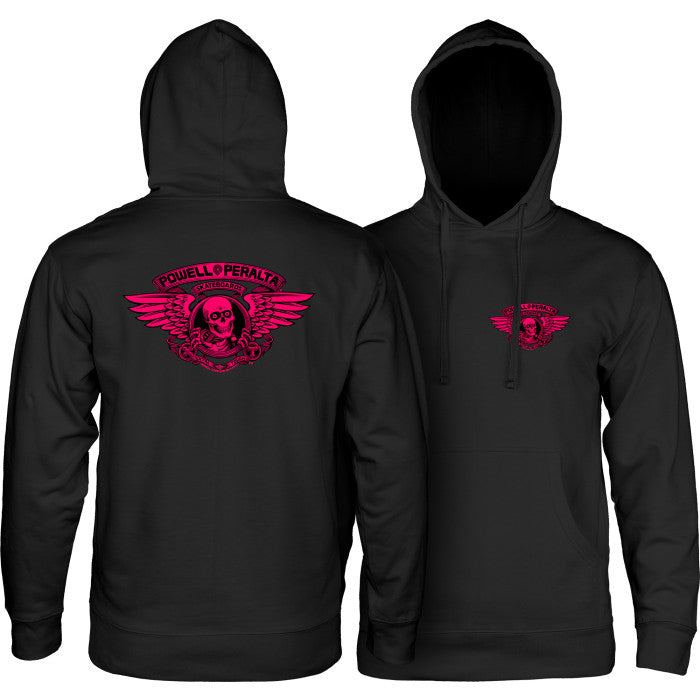 Powell Peralta Winged Ripper Blacklight Pink Black hoodie with red Powell Peralta logo on front and back